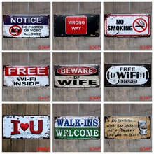 Остерегайтесь бесплатно Wifi оловянные знаки заметьте нет фотографий или видео курить винтажный металлический постер украшения дома стены номерной знак YQZ011