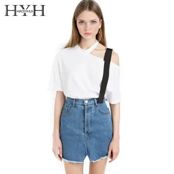 

HYH HAOYIHUI Fashion T-shirt Women Casual Short Sleeve Solid White Lady Top Hollow Out Off One Shoulder Slim Female T-shirt