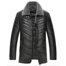 Черный натуральная кожаная куртка Для мужчин толстые 90% белая утка вниз куртка мужская теплая приталенная кожаная куртка плюс Размеры M-5XL YYJ0013