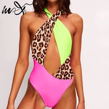 In-X Neon green бикини Леопардовый цельный купальник женский сексуальный купальник женский на завязках Монокини лоскутное боди цельный