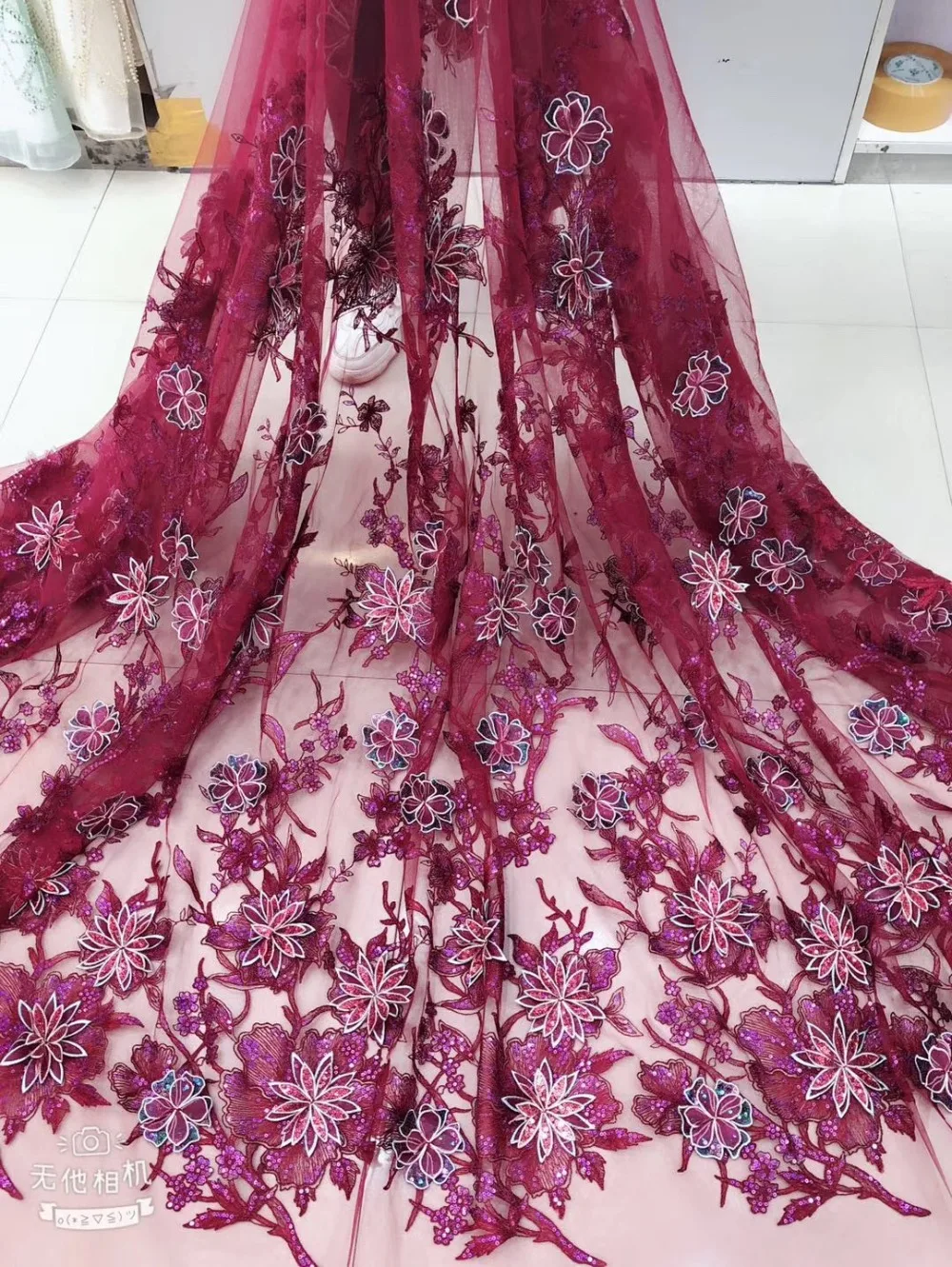 

Wine red sequin fabric with flowers,heavy embroidered lace 3d florals,French lace Wedding,Upscale delicate bridal 5 YARDS