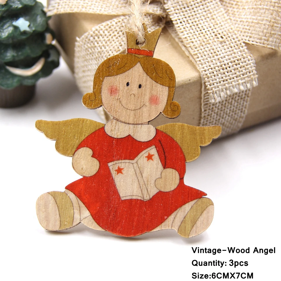 3PCS Lovely Squirrel&Angel Wooden Pendants Ornaments Christmas Wood Craft Kids Toys DIY Christmas Tree Decorations Hanging Gifts - Цвет: 3PCS V-Angel C