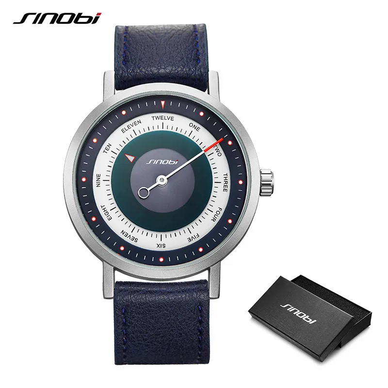 Sinobi Top Luxury Brand Men Leather Strap Sports Watches Men's Quartz Clock Man Waterproof Wrist Hiking Watch Relogio masculino - Цвет: Blue leather box