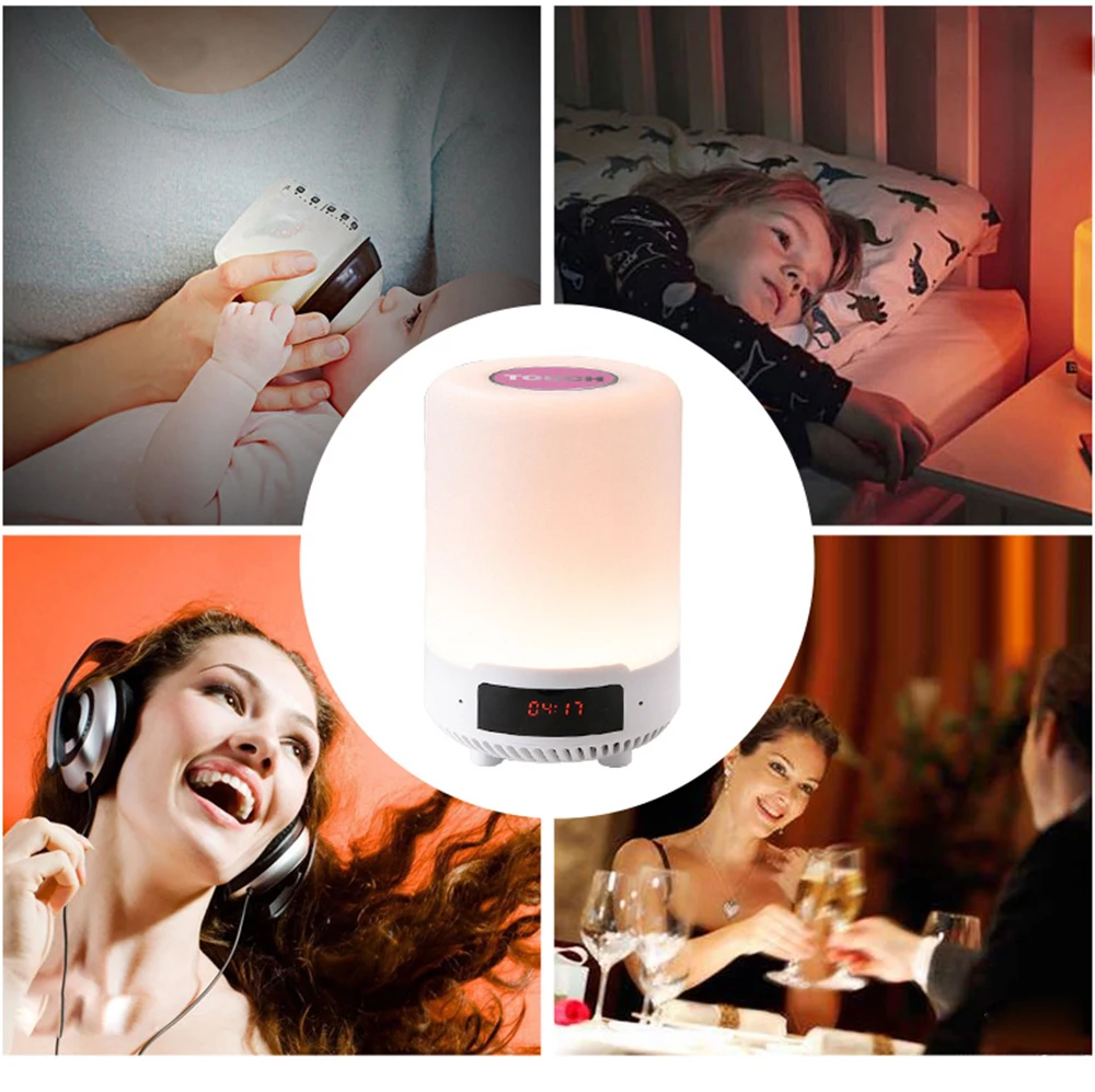 Candeeiro de Mesa Lâmpada de Cabeceira Speaker sem Fio Luz da Noite Recarregável Colorido Levou Quarto Lâmpada Bluetooth Pode Definir um Alarme 19 Bluetooth Speaker Sem Fio pode definir um alarme