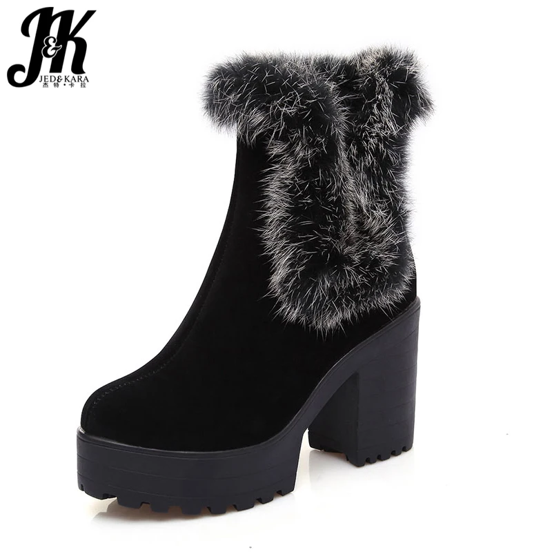 

Plus Size 34-43 Rabbit Fur Charm Warm Winter Boots 2018 Fashion Thick High Heels Platform Shoes Woman Skid Proof Snow Boots