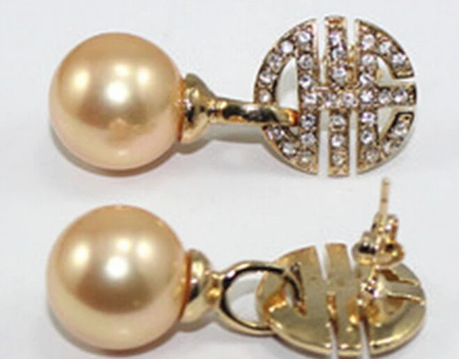 

wb003 RARE HUGE 12MM GOLDED ROUND SOUTH SEA SHELL PEAEL CRYSTAL 14K GP EARRINGS