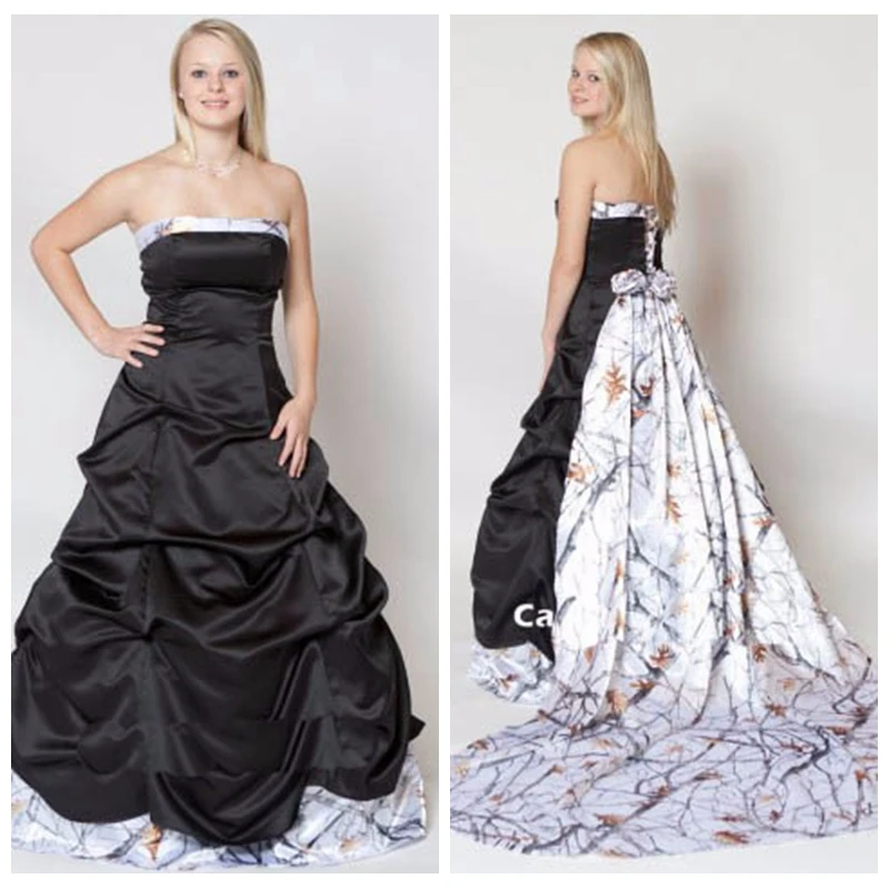 

Strapless Camo A-Line Wedding Dresses Camouflage Bridal Gowns Lace Up Back 2019 Formal Black Gothic Wedding Wear Plus Size