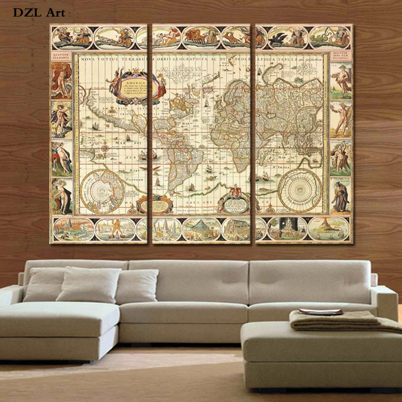 Drop Shipping 3 Piece World Map Home Wall Decor Canvas Picture Art