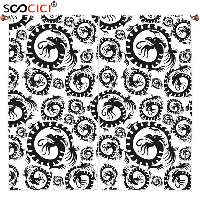 

Window Curtains Treatments 2 Panels,Dragon Decor Antique Art Chinese Dragon Pattern Decorative Vintage Illustration Print Black