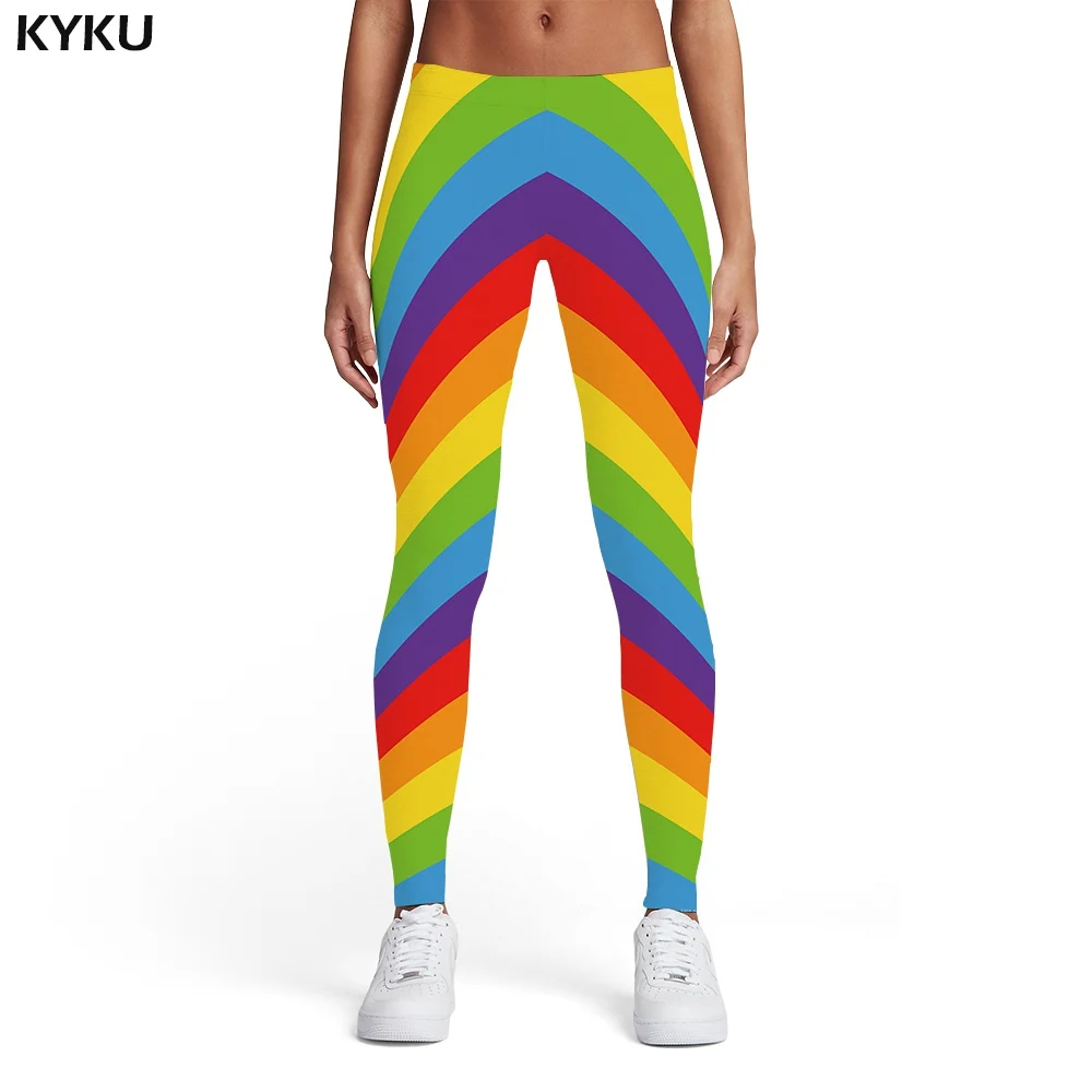 spanx leggings KYKU Brand Rainbow Leggings Women Colorful Sport Psychedelic Sexy Stripes Printed pants Gothic 3d Print Womens Leggings Pants flare leggings Leggings