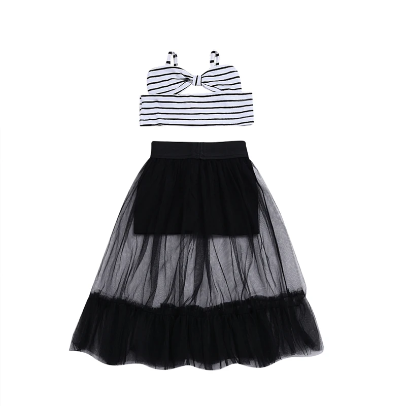 

Toddler Kids Baby Girl Striped Mesh Lace Clothing Sunsuit Girls Summer Striped Off Shoulder Crop Tops Dress Skirts Clothes Set