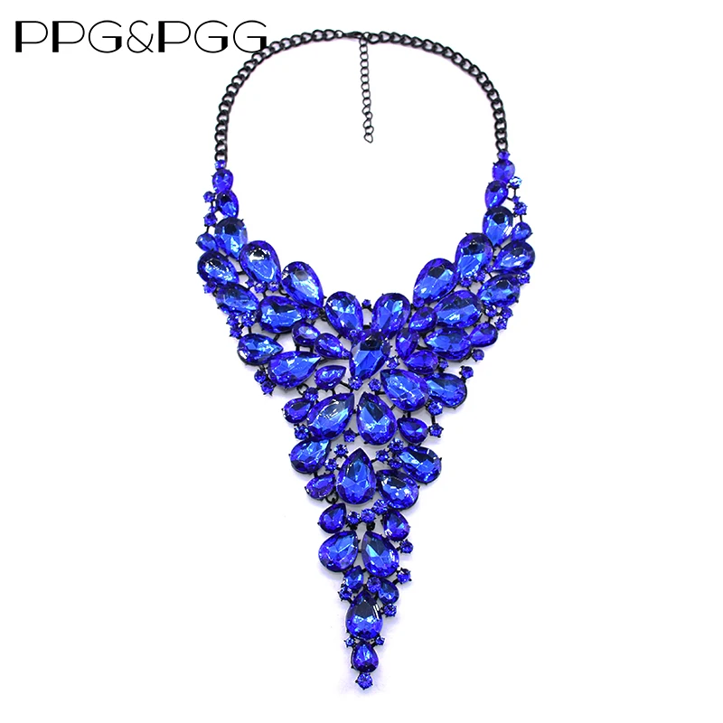 

PPG&PGG Trendy Luxury Gem Flower Crystal Fashion Long Chunky Bib Pendants Vintage Big Maxi Statement Collar Necklace For Women