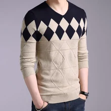 Для мужчин V образным вырезом шерстяной свитер с узором «ромбиками» тонкий прилегающий вязаный Пуловеры Для мужчин Повседневное шерстяные свитера осень-зима плюс Размеры