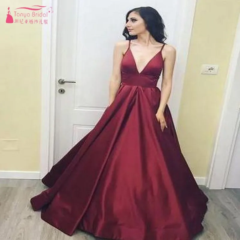 

TANYA BRIDAL Simple 2019 Women Wine Red Evening Dress V Neck Simple Formal Prom Graduation Party Dress SS012