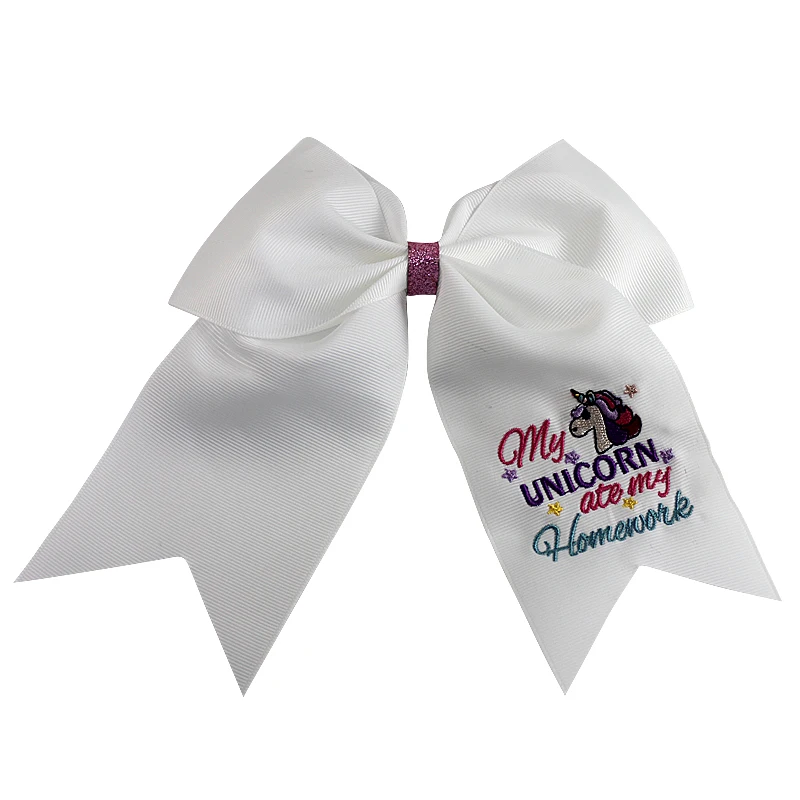 

7 Inch unicorn embroidery Hair Bows Printed stripes cheer bows With Crocodile clip Kids Girls Hair Accessories cheer bows