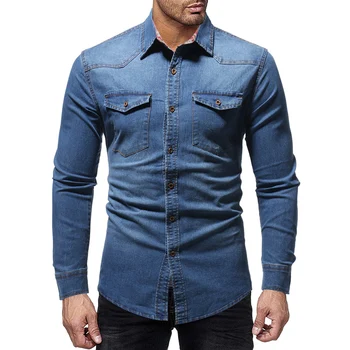 

2019 New Denim-Shirt Mens Denim Shirts Long Sleeve Shirts Casual Solid Color Denim Slim Fit Dress Shirts Mens
