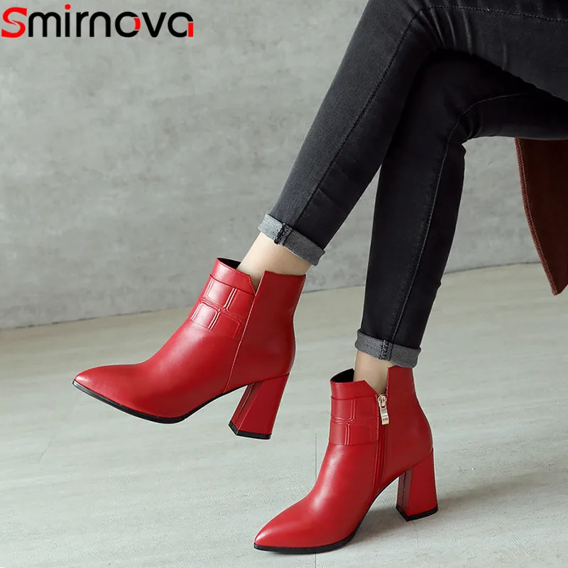 Goedkoop Smirnova zwart rood mode herfst winter schoenen vrouw puntschoen zip echt leer hoge hakken enkellaars vrouwen dikke hak