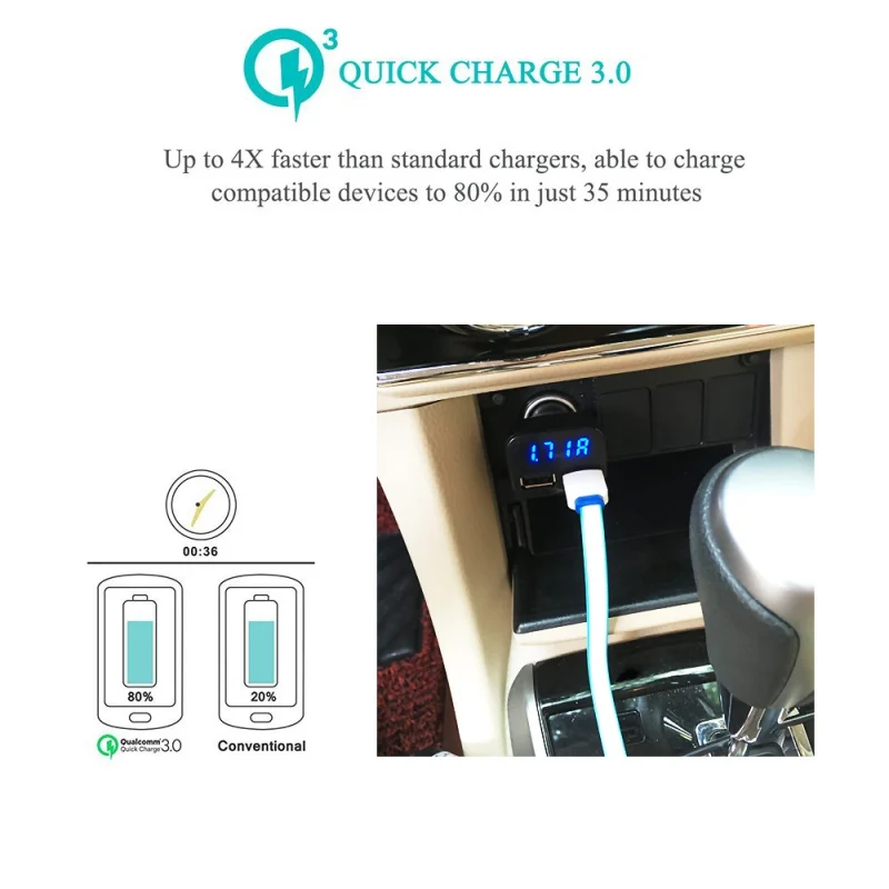 QC 3,0 Автомобильное зарядное устройство с двумя usb-портами для зарядки автомобильного телефона Быстрая зарядка с дисплеем Напряжение тока
