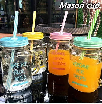 

Free Shipping! Cool Summer Letter Printing Glass Bottle Transparent Water Drinking Bottle Vintage Jar Colorful Cover with straw