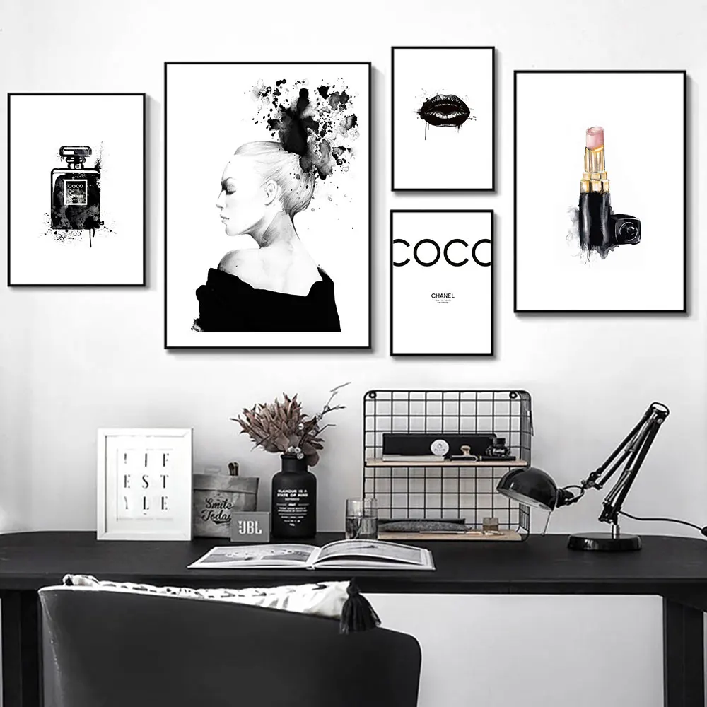 

Makeup Canvas Print Canvas Painting Girl Poster Lipstick Perfume Poster Black And White Nordic Poster Abstract Wall Art Unframed