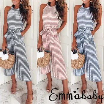 

New Elegant Sexy Jumpsuits Women Sleeveless Striped Jumpsuit Loose Trousers Wide Leg Pants Rompers Holiday Belted Bow Overalls