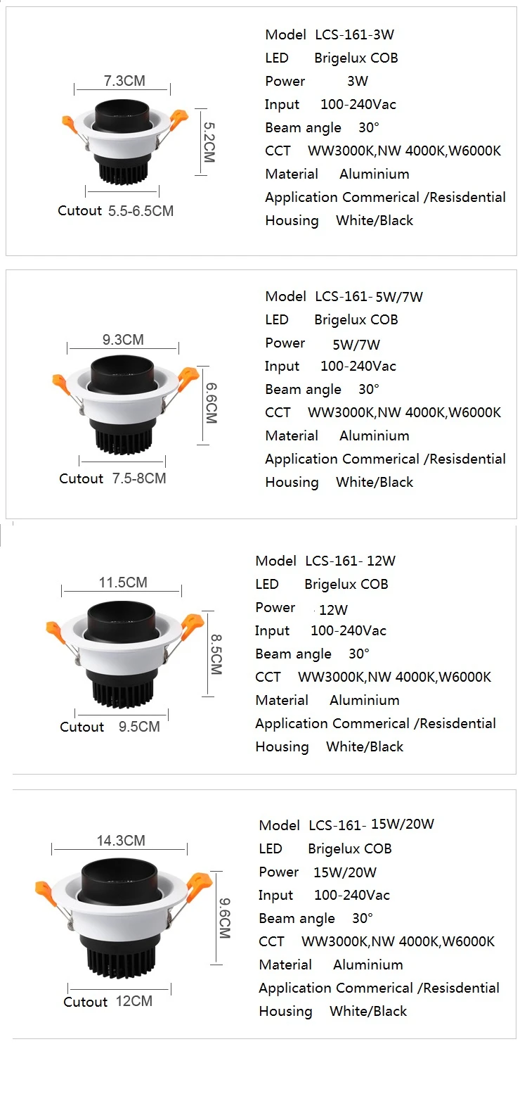 100-240Vac 3 Вт-20 Вт Встроенный акцент фокус головка вращающийся антибликовый фоновый настенный светильник растянутый подвесной потолочный точечный светильник