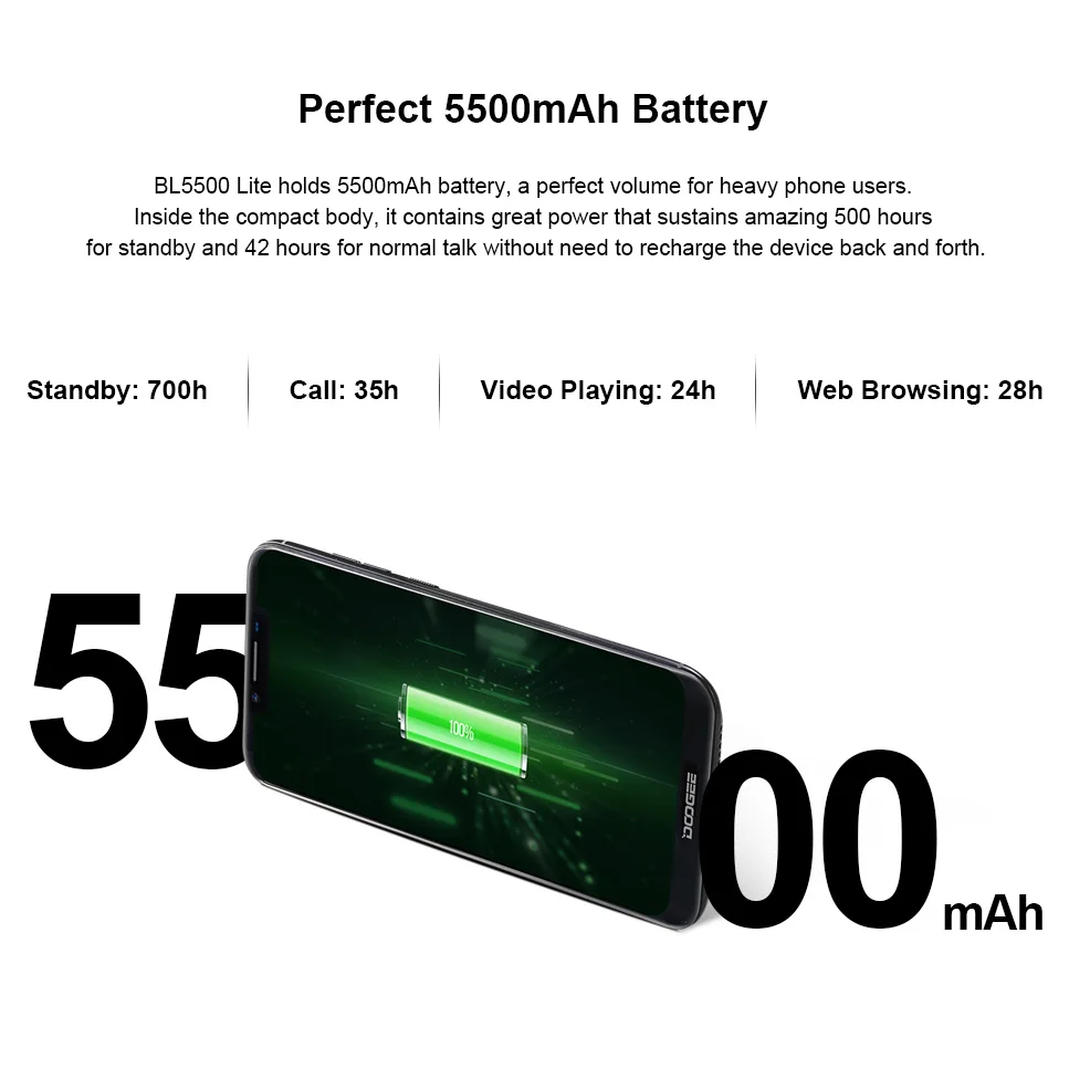 Original Doogee BL5500 Lite 6.19 Inch 19:9 Notch Screen 4G LTE Smartphone Quad Core 2G+16G Fingerprint Mobile Phone Android 8.1