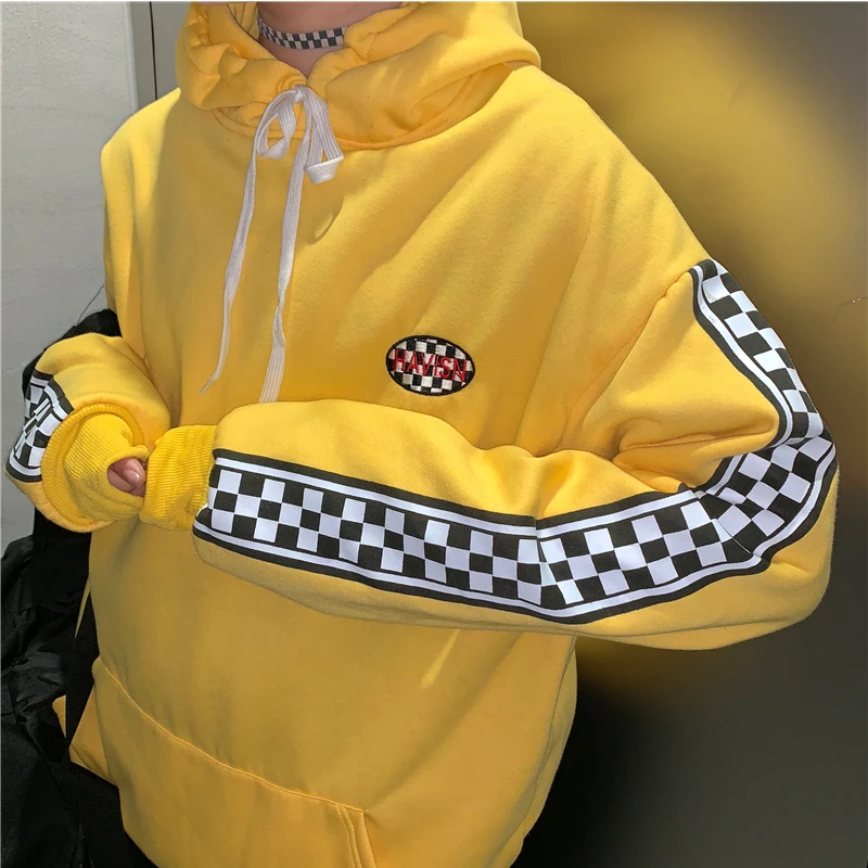 Модные Harajuku BF ветер черный и белый шахматная доска рукава печатных свободные