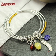 Leensun ювелирные изделия, ручной работы 925 серебро с янтарные бусы/Браслет Лазурит/браслет подарок для женщин