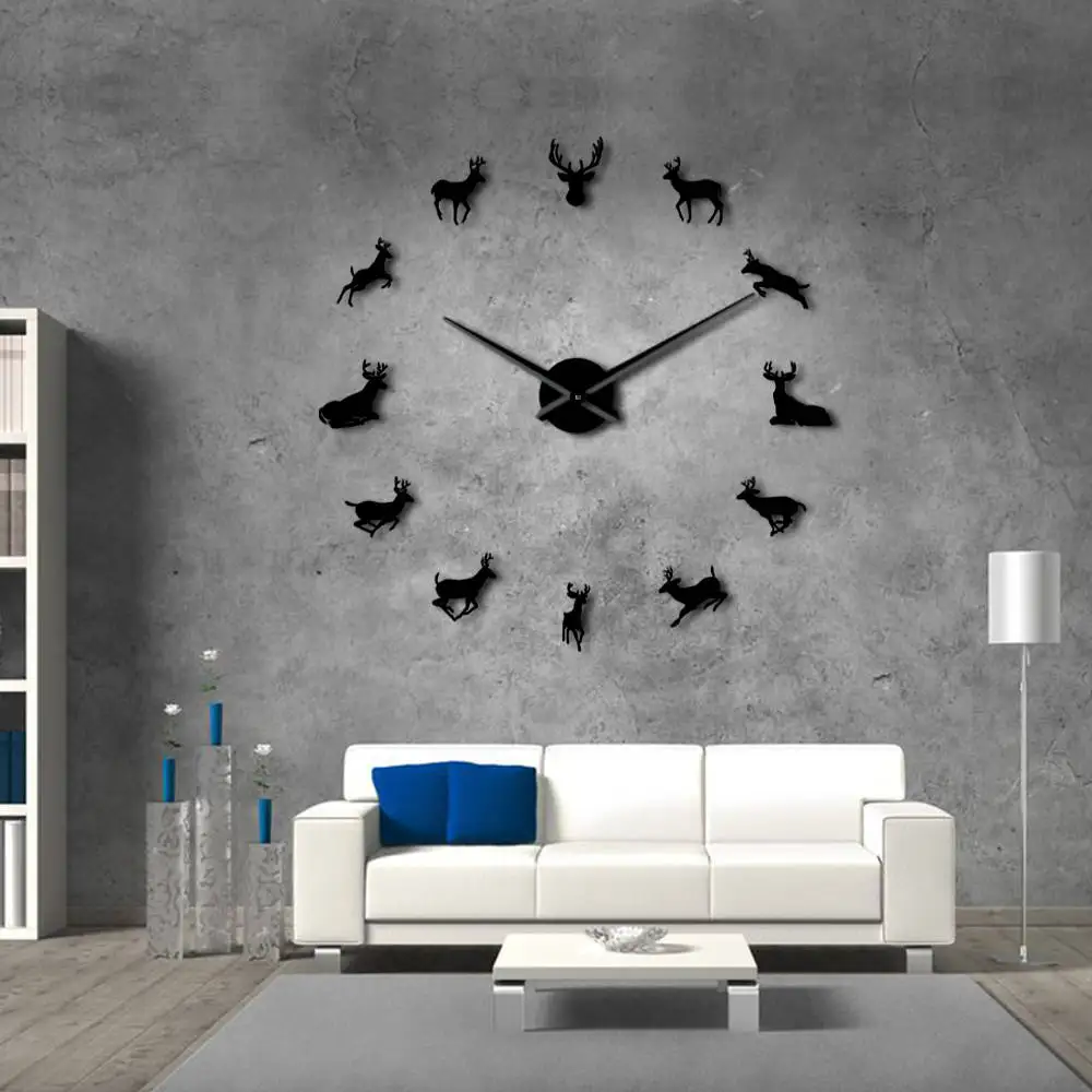 Comprar Cabeza de ciervo gigante DIY Reloj de pared, cazador de ciervos moderno asta de ciervo de reloj de pared de acrílico espejo efecto animales a casa Decoración