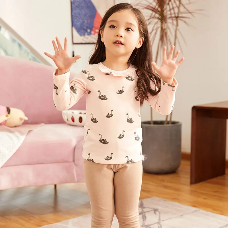 Kids Pajamas Sets Autumn Winter Girls Long Sleeve Lovely Swan Sleepwear