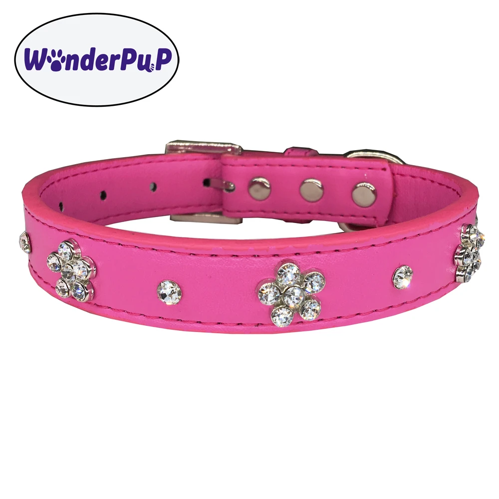 Wonderpup PU Leather Cute Flower Puppy Collars Adjustable Necklace