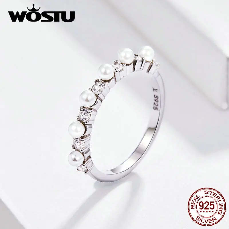 

WOSTU Pearls Minimalist Ring 925 Sterling Silver Bright Zircon Rings Finger For Women Wedding Engagement Luxury Jewelry FNR039
