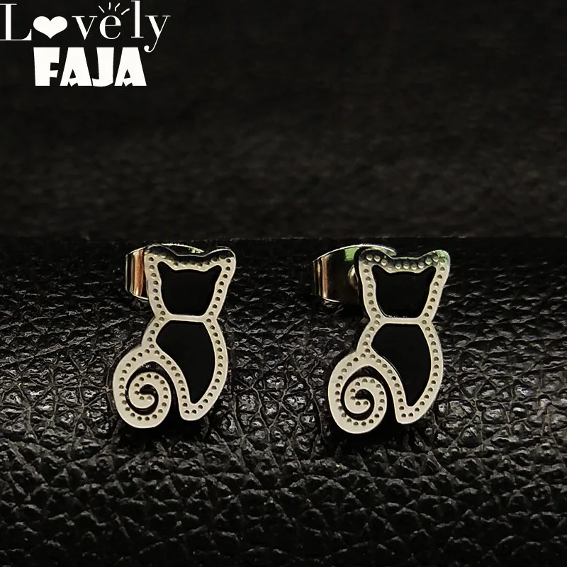 

2019 Fashion Cat Enamel Stainless Steel Stud Earrings for Women Silver Color Earrings Jewelry pendientes mujer moda E612714