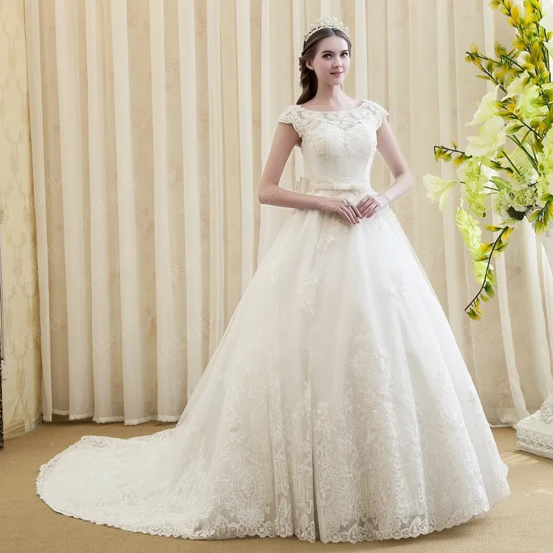 

Custom Made New Arrival Ball Gown Scoop Cap Sleeve Lace-up Long Train Beads Appliques Lace Wedding Dress Robe De Mariage IZ019