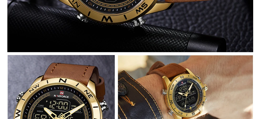 NAVIFORCE хронограф мужские часы лучший бренд класса люкс Спортивные Цифровые мужские часы из натуральной кожи светодиодный военный кварцевые