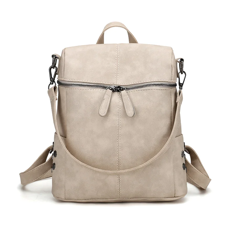 Осенний рюкзак в простом стиле, женские рюкзаки из искусственной кожи для девочек-подростков, школьные сумки, модные винтажные однотонные сумки на плечо - Цвет: Beige