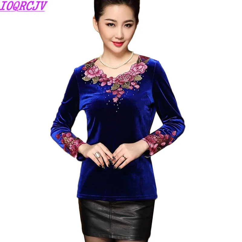

Spring Autumn New Gold Velvet T-shirt Women Fashion Slim Embroidery Plus Size 7XL Women Casual Tops Middle-aged Mother Clothing