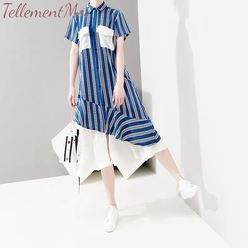 

Chiffon Dress 2019 Women Casual Stripe Shirt Dresses Turn Down Collar Long Short Sleeve Ruffle Hem Midi Dress Vestidos