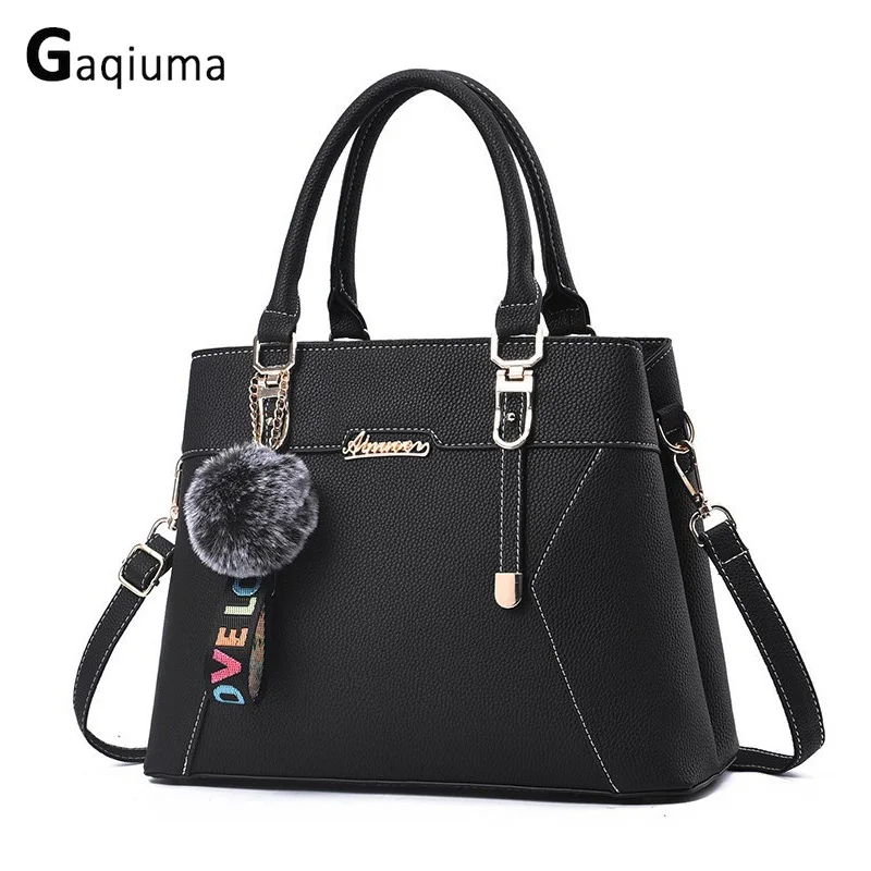 

Geometric patchwork satchels women's bags hair ball decorations big capacity versatile female handbags a fashion bag black