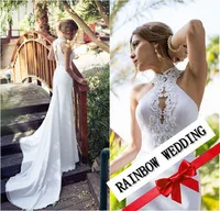 vestido de noiva wedding dress Halter 2014 Sexy Sheath Sleeveless White Satin Appliques backless dress JV7013