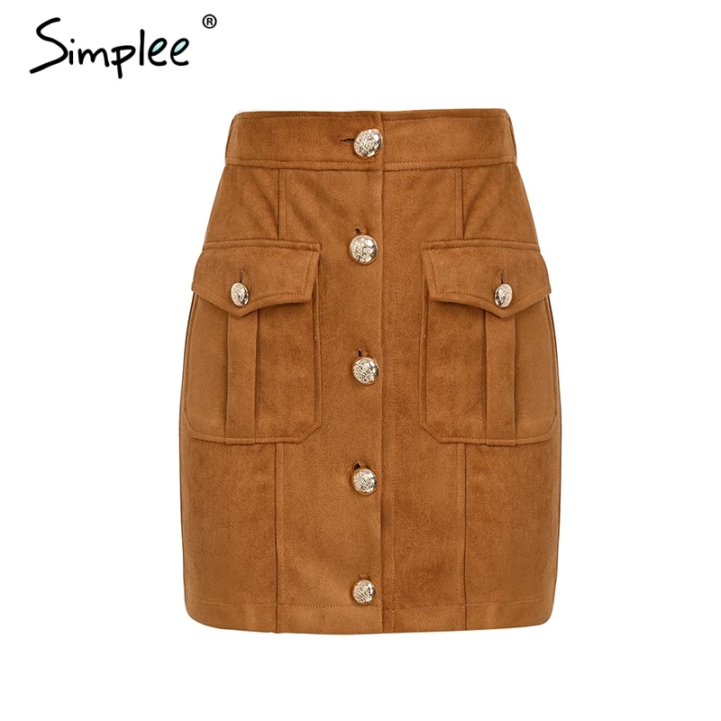Женская мини юбка Simplee А-силуэт, однобортная юбка с высокой талией для осени/зимы, повседневная юбка high-street с карманами - Цвет: Camel