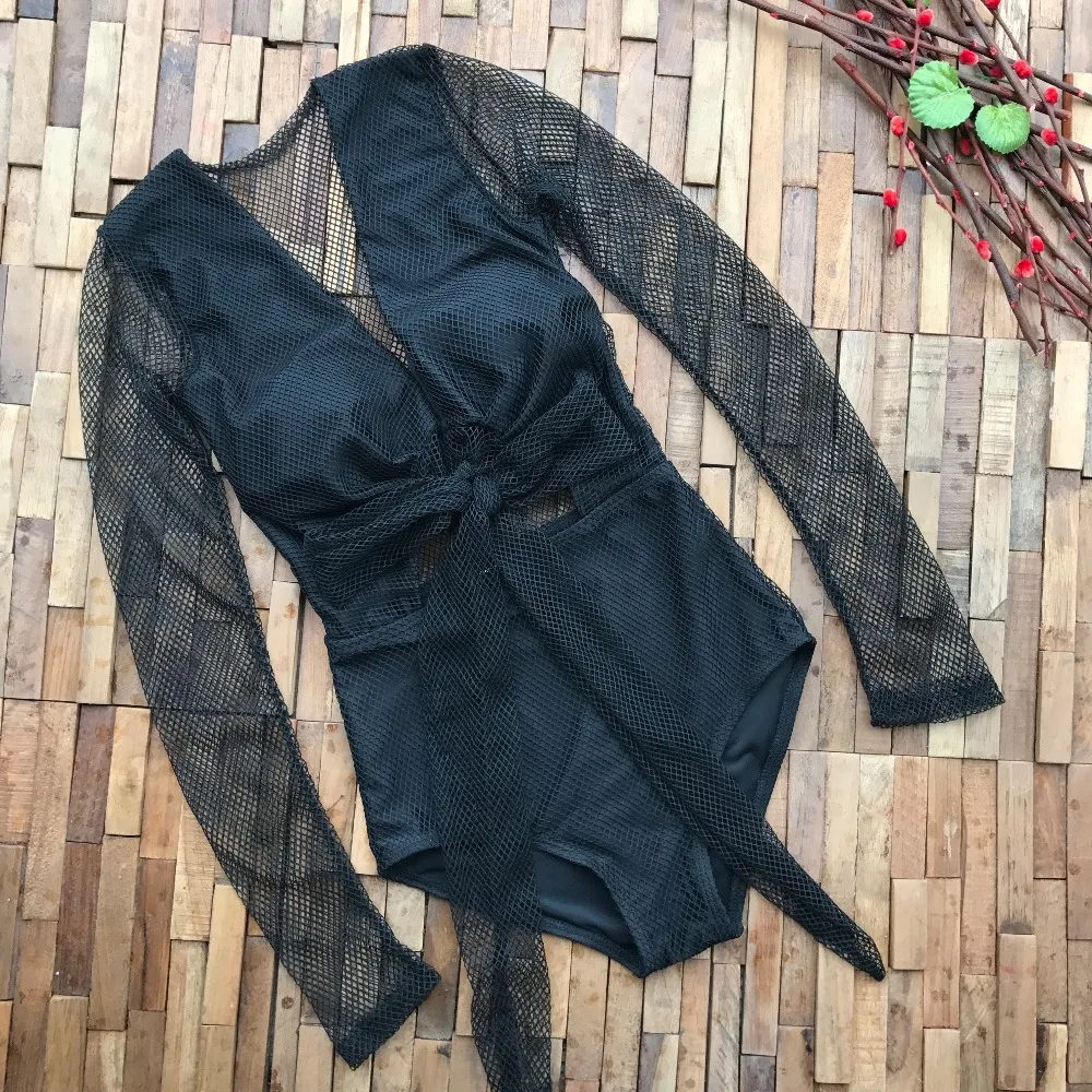 Thai Brand Conservative Long Sleeve One Piece Swimsuit Vintage Mesh Slim High Waist Swimwear