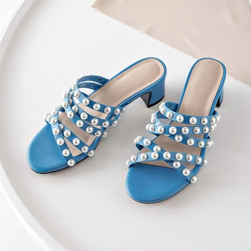 

Sky Blue Women Sandals 2109 Summer Narrow Band Pearl Buckle Shoes Woman Chunky Heels Peep Toe Girl Slippers Slip On Slides