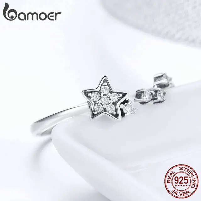BAMOER Real 925 Sterling Silver Sparkling Secret Of Stars Clear CZ Finger Rings for Women Wedding Engagement Jewelry anel SCR440