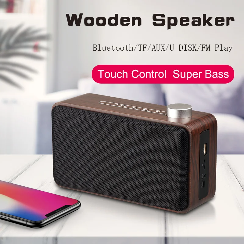 

Touch Wooden Bluetooth Speaker Super Bass Portable Subwoofer music Wireless Wood Speakers FM Radio handfree Mic