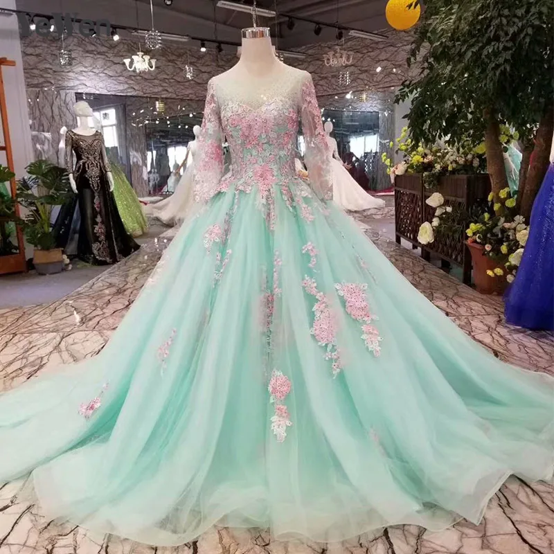 Sky blue wedding dress with long sleeves