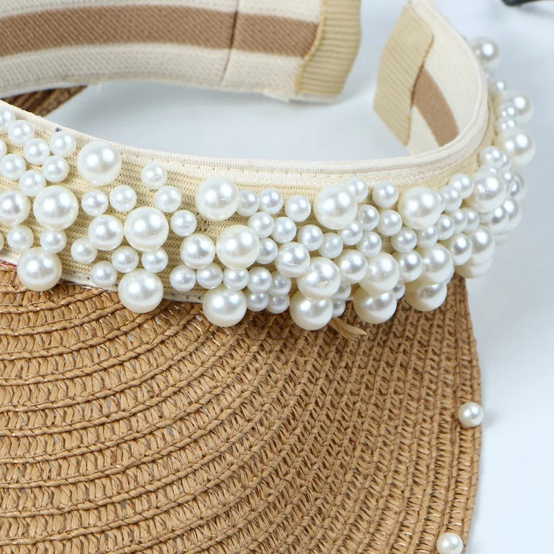 Sun Hat Women Summer Straw Visor Pearl Casual Beach Wide Brim Holiday Outdoor Cap Accessory (1)