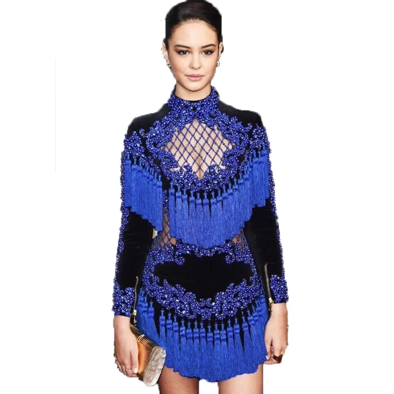 

HIGH QUALITY Newest Fashion 2018 BAROCCO Unique Runway Dress Women's Hollow Out Tassel Luxury Manual Hand Beading Dress