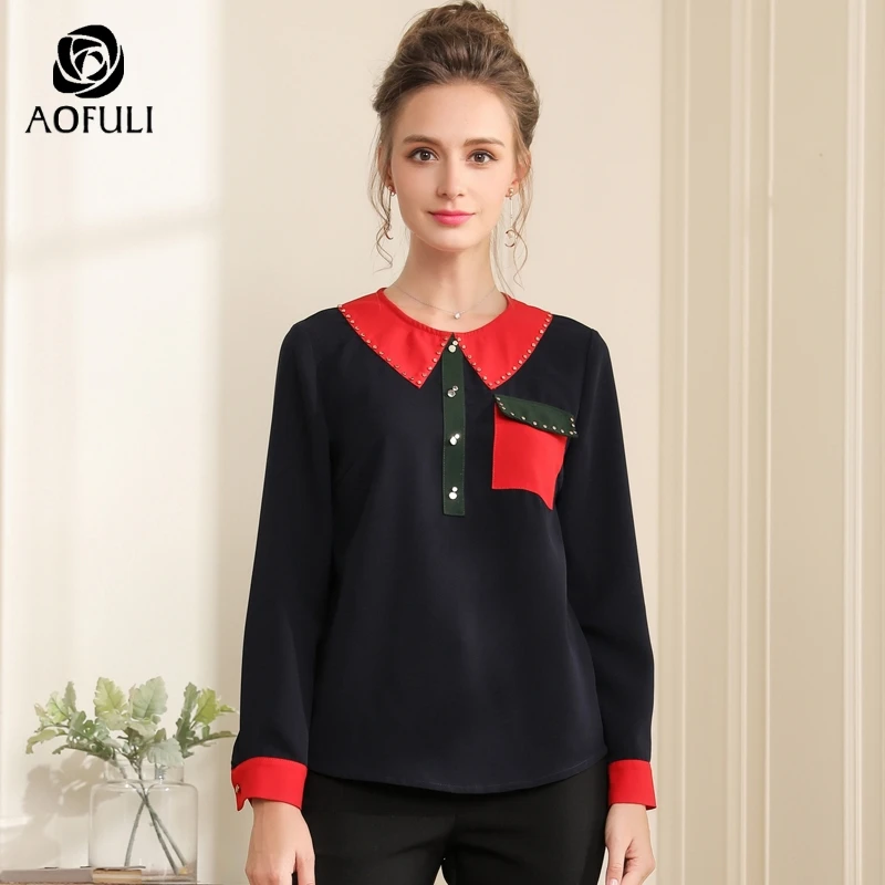 AOFULI L- 3XL 4XL 5XL Rivet Plus size blue shirt Autumn long sleeve blouse Contrast patchwork women pocket tops A3698 |